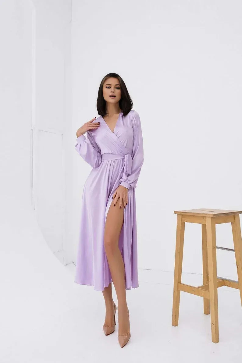 Buyishang Lilac Wrap Dress Waist Lilac Silk Midi Dress Cocktail Dress for Special Occasions Prom Dress Belted Dress V Neck Long Sleeves Dress